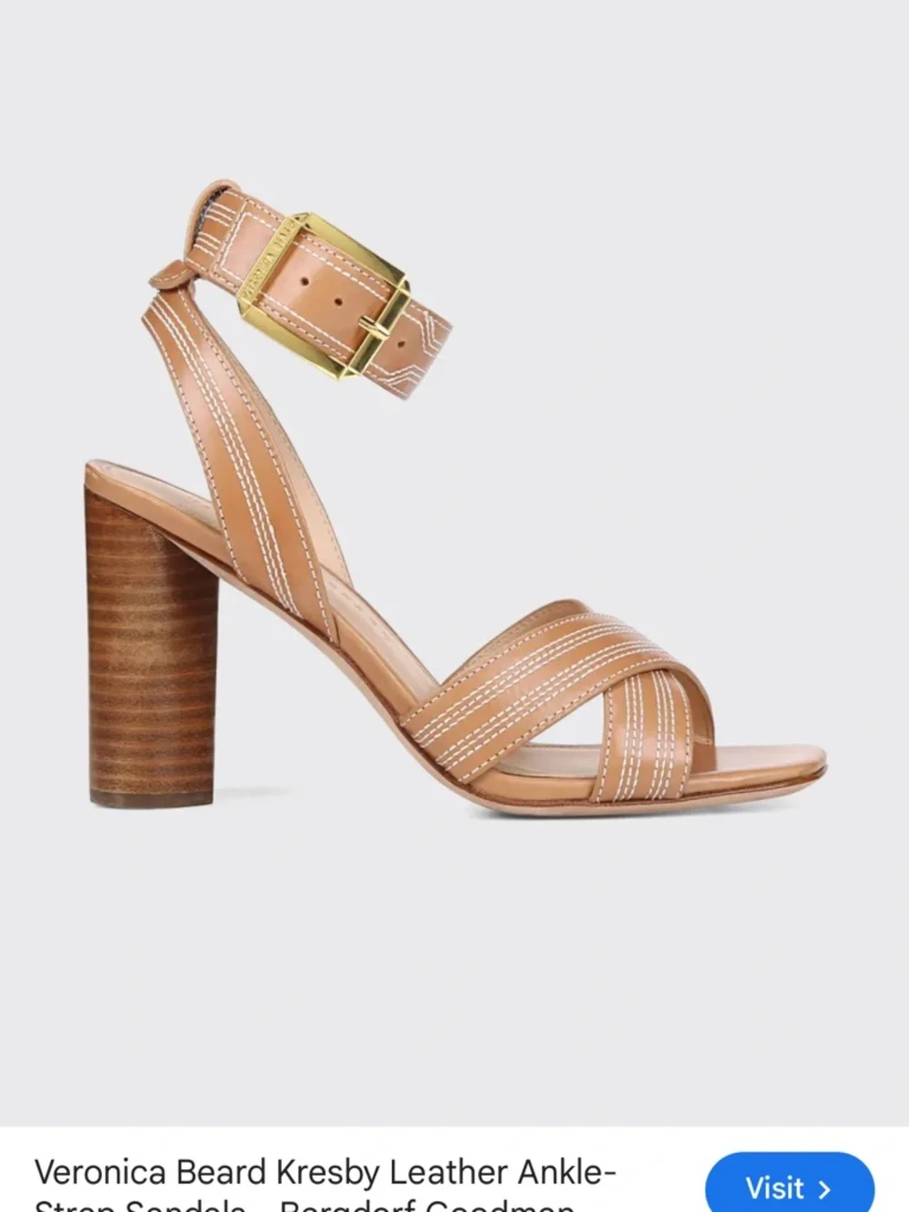 Veronica Beard Tan Leather Block-Heel Sandals with Gold Buckle - Picture 11 of 11